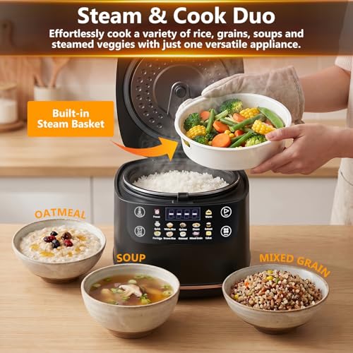 Image of Portable Digital Rice Cooker, 6-Cup (Uncooked) /12-Cup (Cooked) Small Rice Maker with Steaming Basket, Mini Rice Cooker with 2L Removable Nonstick Inner Pot, 10 Menu Options, Auto Keep Warm, 24 Hour Delay Timer (Black)