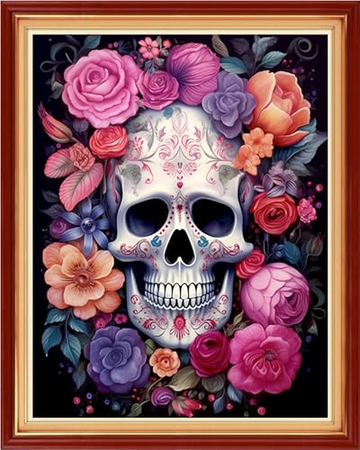 Image of Foxhool Stamped Cross Stitch Kits,11CT Printed Cross Stitch Pattern Full Embroidery Kits for Beginner Needlepoint Kits-Flower Skeleton 16x20 inch