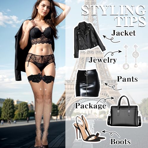 Image of Abeillo 2 Pairs Fishnet Stockings for Women Mesh Thigh High Stockings Fishnet Hold up Stockings Suspenders with Bow Pantyhose for Women(Black)