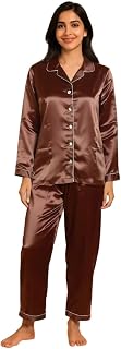 G-KA Women Satin Night Suit Set Pink Solid,Mandarin Neck Full Sleeve Nightsuit Set | Pajama Set | Casual Night Dress for W... Price In India