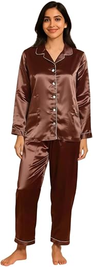 G-KA Women Satin Night Suit Set Pink Solid,Mandarin Neck Full Sleeve Nightsuit Set | Pajama Set | Casual Night Dress for W...