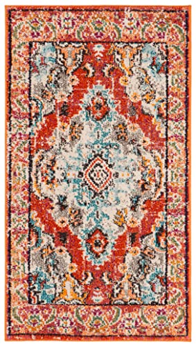 Safavieh Boho Chic Rug for Living Room Dining Room, Bedroom - Monaco Collection, Short Pile, Orange and Light Blue, 24 x 36 Inches