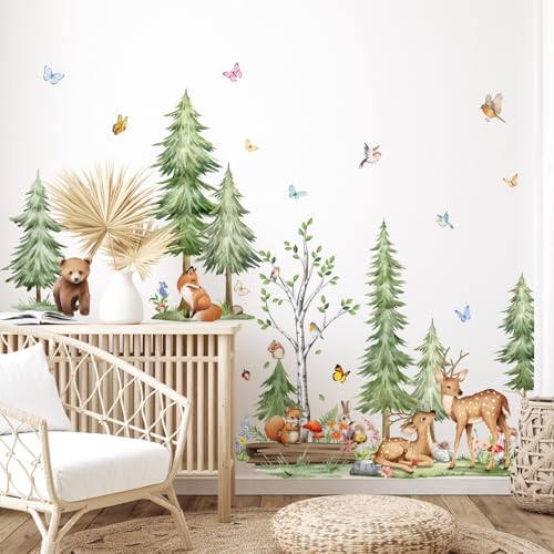 Image of Pine Tree Wall Decal Forest Animals Wall Stickers Peel and Stick Woodland Wall Decals Living Room Baby Nursery Bedroom Kids Room Walls Decor