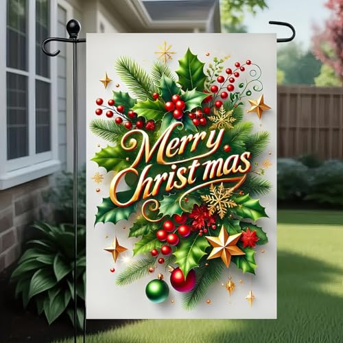 Image of BlissYard Christmas Holly Garden Flag 12x18 Inch Polyester | Double sided polyester, Christmas holly berries ornaments design, classic holiday decor for holiday porch and yard