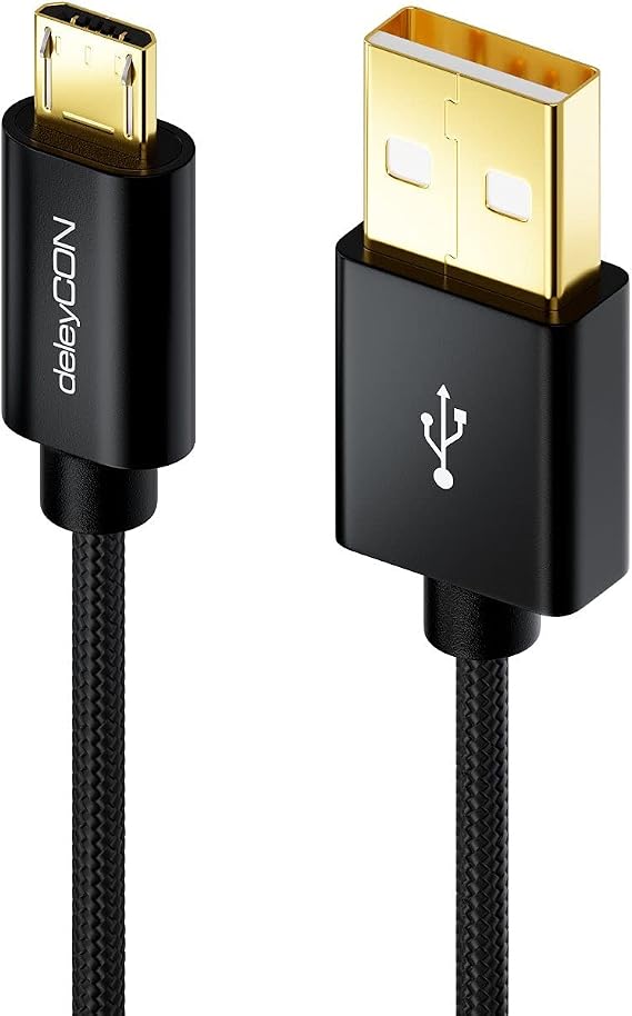deleyCON Micro USB Cable 1 m with Nylon + Metal Connector – Charging Cable Data Cable Quick Charging Cable for Smartphone Tablet PC Laptop Notebook – Black