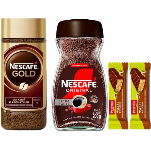 Image of Nescafe Combo Pack - Gold Rich & Aromatic + Original Extra Forte Instant Coffee (190g+200g) By COUGAR | Premium Freeze-Dried Coffee | Smooth & Strong Blend | FREE 2 PRESTIGE PISTACHIO WAFFI BARS INCLUDED - (IMPORTED)