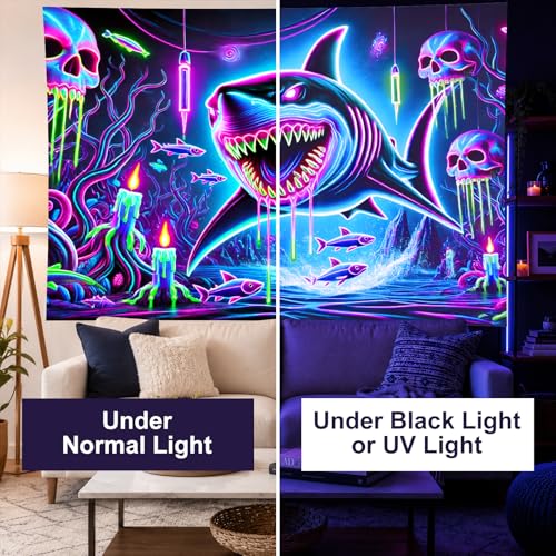 Image of BlissYard Blacklight Tapestry 78x59 Inch Neon Shark Glow in the Dark Wall Hanging Trippy Underwater Skull Scene UV Reactive Black Light Tapestry for Bedroom Party Dorm Decoration