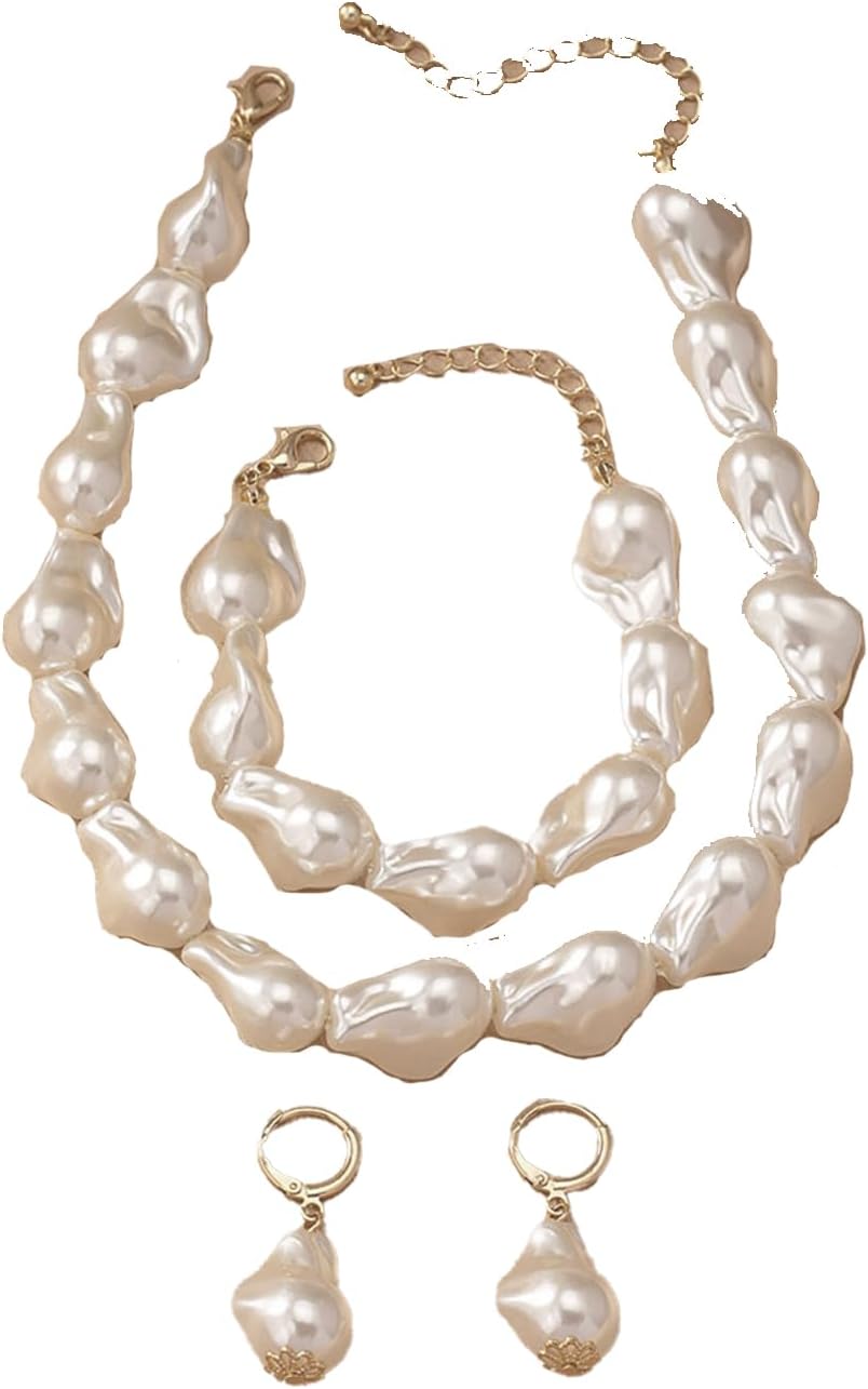 Baroque Irregular Pearl Beaded Chunky Necklace Bracelet Earrings Set Three Piece For Women Statement Elegant Chic White Pearl Adjustable Fashion