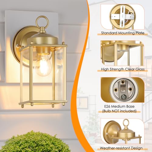 Image of MATAMEYE Large Outdoor Wall Lantern, Exterior Waterproof Wall Sconce Light Fixtures, Gold Front Door Lighting with Clear Beveled Glass, Anti-Rust E26 Socket Porch Lamp, 2 Pack