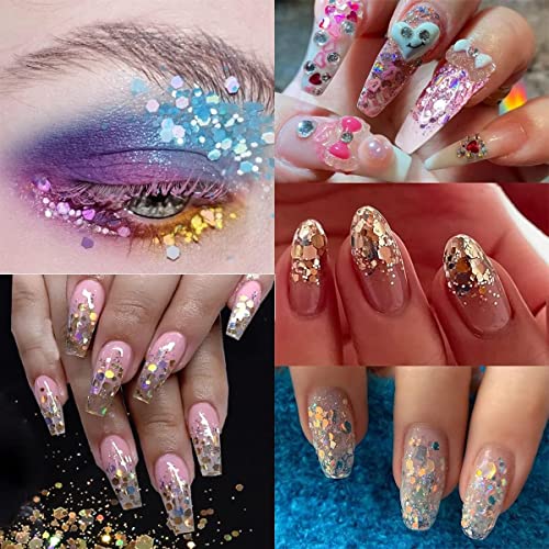 12 Colors Hexagon Chunky Nail Glitters Holographic Nail Stickers Sequins Glitter Mermaid Powder Flakes Shiny Charms Hexagon Nail Designs Suitable For Women Girls Acrylic Nails Decoration Crafts #TOP1