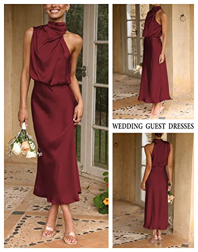 Mirgler Womens Wine Sleeveless Mock Neck Satin Dresses Elastic High Waist Wedding Guest Evening Cocktail Party Elegant Formal Maxi Dress For Women S #TOP2