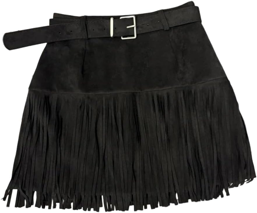 Women Autumn Winter Suede Mini Skirt Tassel Patchwork High Waist Hip Wrap Short Skirt
