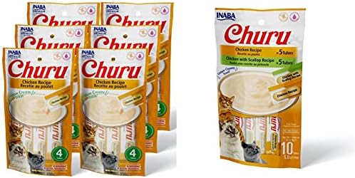 INABA Churu Cat Treats, Grain-Free, 0.5 Ounces Each Tube, 24 Tubes (4 per Pack), Chicken Recipe & Churu Cat Treats, Grain-Free, Lickable, Squeezable Creamy Purée Cat Treat/Topper