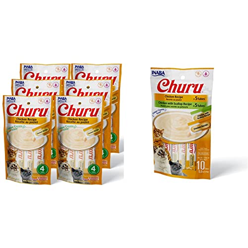 Inaba Churu Cat Treats, Grain-Free, 0.5 Ounces Each Tube, 24 Tubes (4 Per Pack), Chicken Recipe & Churu Cat Treats, Grain-Free, Lickable, Squeezable Creamy Purée Cat Treat/Topper #TOP6