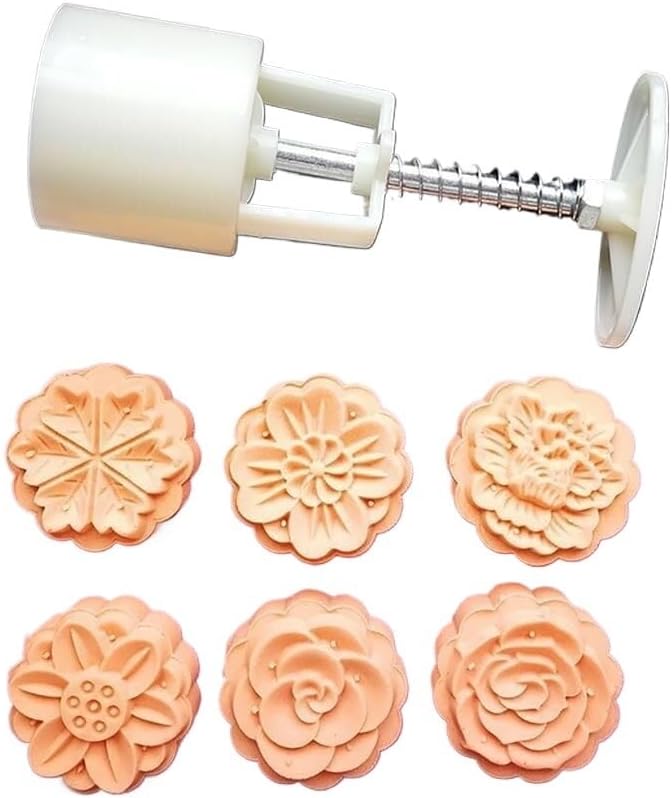 Mooncake Press Molds,Mid-Autumn Festival Mooncake Mould Maker Cookie Stamps DIY Hand-Pressure Moon Cake Mould Flower Press Molds For DIY Baking Cake Cookie Dessert (1 Mold,6 Stamps).