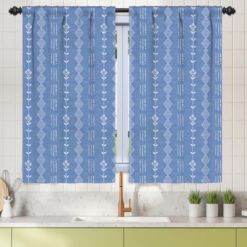 Renaiss 26 x 45 Inch Blue Boho Kitchen Curtains Tier Linen Striped Geometric Cafe Short Curtains Bohemian Light Filtering Curtain Rod Pocket Farmhouse Retro Small Drapes for Bathroom RV 2 Panels
