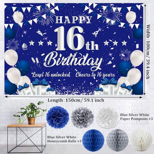 Image of 16th Birthday Decorations for Boys Girls, Blue Silver Sweet 16th Birthday Party Decorations, Happy 16th Birthday Backdrop, Banner, Balloons, Pompoms, Hanging Swirls, Birthday Card, Cake Topper 54pcs