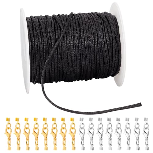 PH PandaHall Cordon Ciré avec Kit de Fermoirs à Bijoux, 45.7m 2mm Fils de Coton Ciré Noir avec Fermoirs à Griffes de Homard Fil Bracelet Cordon Collier...