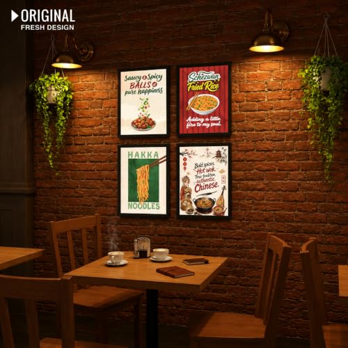 Image of Chaka Chaundh - Restaurant wall decoration items - Cafe quotes wall frames - manchurian walls frame - Fried Rice wall frame poster, Hakka Noodles wall frame, chinese food wall frame art. - Food frame poster wall art. ( 14X11 inch. Set OF 4 )