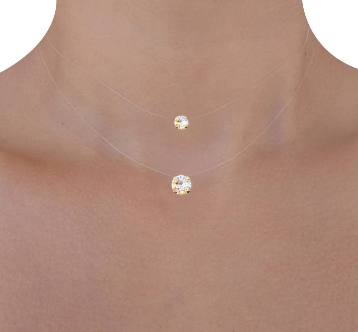 Collier Invisible Plaqué OR (18K) - PETIT ou GRAND Solitaire Crystallized- Pure brillance™ - Bijou fil de nylon transparent