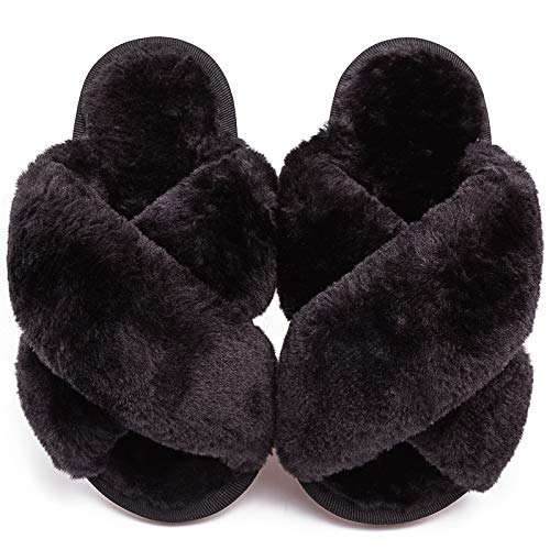 Girls Fluffy Slippers Kids Leopard Tie Dye Open Toe Memory Foam Slides Sandals Soft Plush Cross Band House Shoes Indoor Outdoor Slip On Black