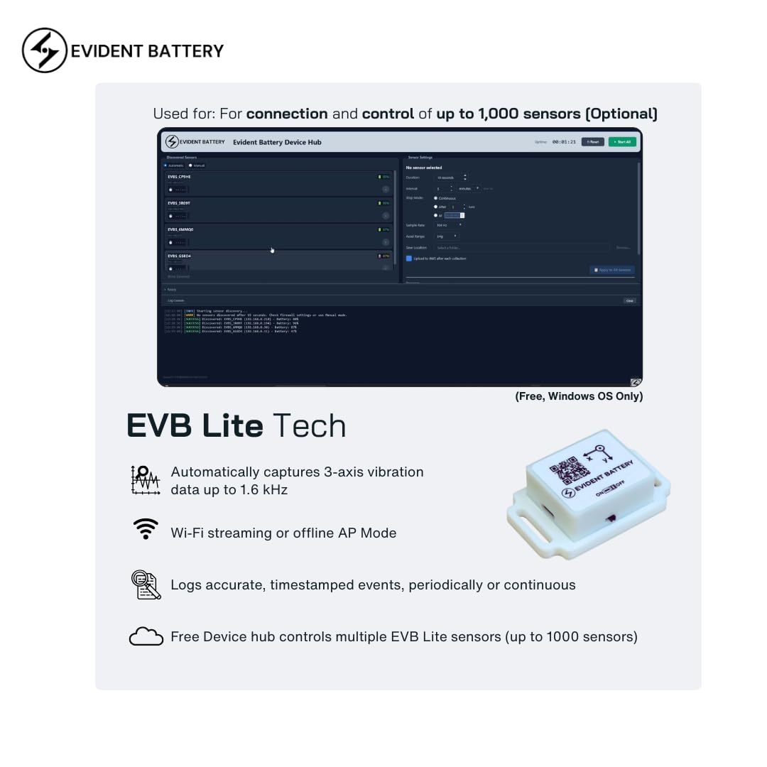 EVB Lite Wi-Fi Vibration Sensor up to 1.6 kHz | 3-Axis Accelerometer | Wi-Fi & AP Mode | Free Device Hub Software | DIY, Hobbyist & Personal Use Motion Sensor