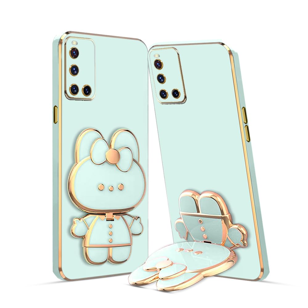 KARWAN®️ 3D Cat Back Cases and Covers Compatible for Vivo V19 Kitty Cat Back Cover Case with Stand and Mirror | Camera Protection | Anti-Slip | Folding Stand - Mint