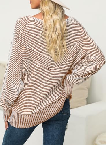Image of EVALESS Striped Sweaters for Women Boat Neck Batwing Sleeve Oversized Pullover Sweater Tops Womens Fall Clothes Outfits