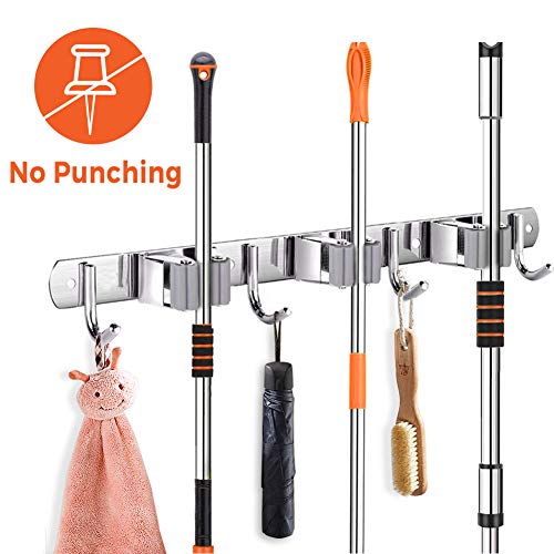 Mop Broom Holder- Wall Mount Stainless Garage Tools Organizer with 3 Racks 4 Hooks, Hold up to 20 Lbs, Organizers and Storage for Kitchen Bathroom and Garage.