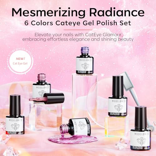 Image of modelones Holographic Glitter Cat Eye Gel Nail Polish Kit 6 Colors with Magnet Romantic Rainbow Galaxy Series Pastel Gel Polish Soak Off Led Gel Nail Polish Set Nail Art Gel Manicure Salon DIY Gifts