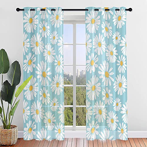 Mateju Translucidas Visillos Salon, Cortinas Salon Modernas 2 Piezas con 3D Flor, Visillos Cortos para Ventanas para Cocina Dormitorio Comedor Habitacion (Azul,55 x 95 cm)