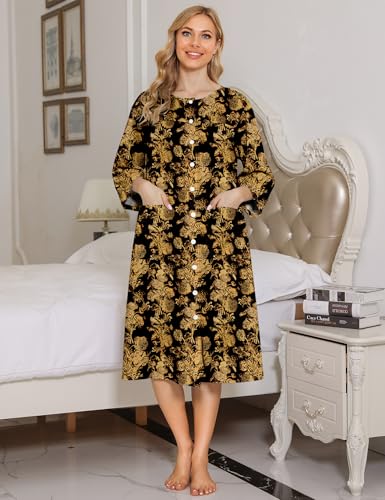 Image of Bloggerlove House Dress Women Cotton Snap Front Nightgown 3 /4 Sleeve Housecoat Duster Robe with Pockets Moomoo Patio Dress