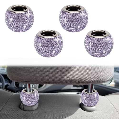 BFXM 4 Pcs Car Headrest Collars, Bling Head Rest Collars Rings Decoration, Rhinestone Car Seat Headrest Ring, Crystal Diamond Interior Car Seat Accessory for Car SUV Truck (Purple)