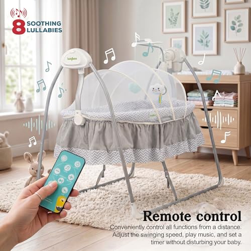 Image of BAYBEE Wanda Electric Swing Cradle for Babies | Automatic Cradle for New Born Baby with 6 Speed Control, Mosquito Net, Toy Bar & Music | Jhula for Kids | Baby jhula for 0 to 2 Years (Grey)