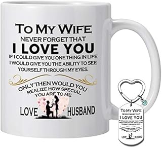 Wife Gift Coffee Mug Keyring to My Wife Never Forget That I Love You Ceramic Coffee Cup Keychain Anniversary Valentine's Day Gift Present for Women Wife Gifts from Husband, Birthday Gift for Wife