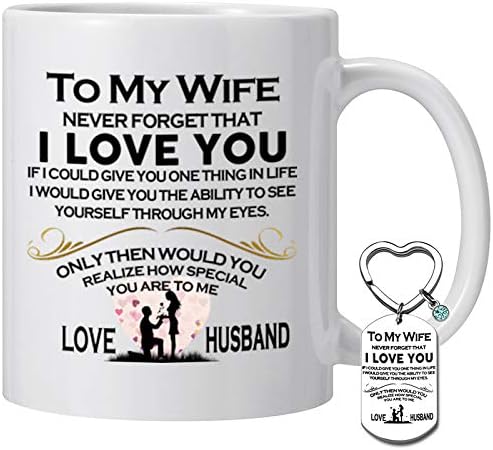 Wife Gift Coffee Mug Keyring to My Wife Never Forget That I Love You Ceramic Coffee Cup Keychain Anniversary Valentine's Day Gift Present for Women Wife Gifts from Husband, Birthday Gift for Wife