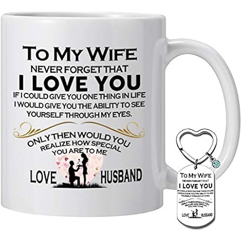 Wife Gift Coffee Mug Keyring to My Wife Never Forget That I Love You Ceramic Coffee Cup Keychain Anniversary Valentine's Day Gift Present for Women Wife Gifts from Husband, Birthday Gift for Wife Cover