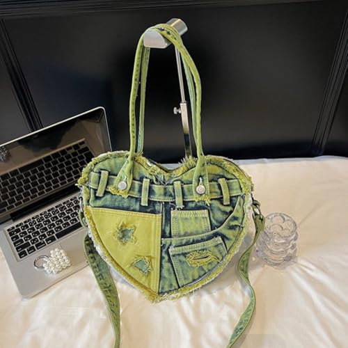 Sac en denim Y2K patchwork et messager mignon en cœur pour ado - 4