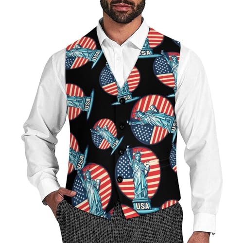 USA Flag New York City Men's Suit Vests Business Formal Dress Vest V-Neck Waistcoat for Wedding Casual