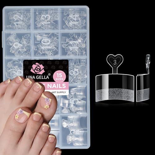 UNA GELLA Square Toe Nail Tips Half Cover - 15 Sizes Pre-buffed Soft Gel Fake Toe Nails Tips Square Acrylic Artificial Pedicure False Toenails for Nail Salons Extensions and DIY Nail Art 240Pcs