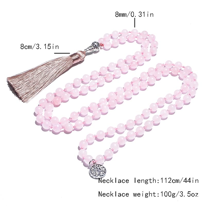 108 Mala Prayer Beads Necklace Natural Stones Meditation Yoga Jewery 108 Hand Knotted Japa Mala Beaded Long Tassel Necklace with Tree of Life Pendant for Men and Women3
