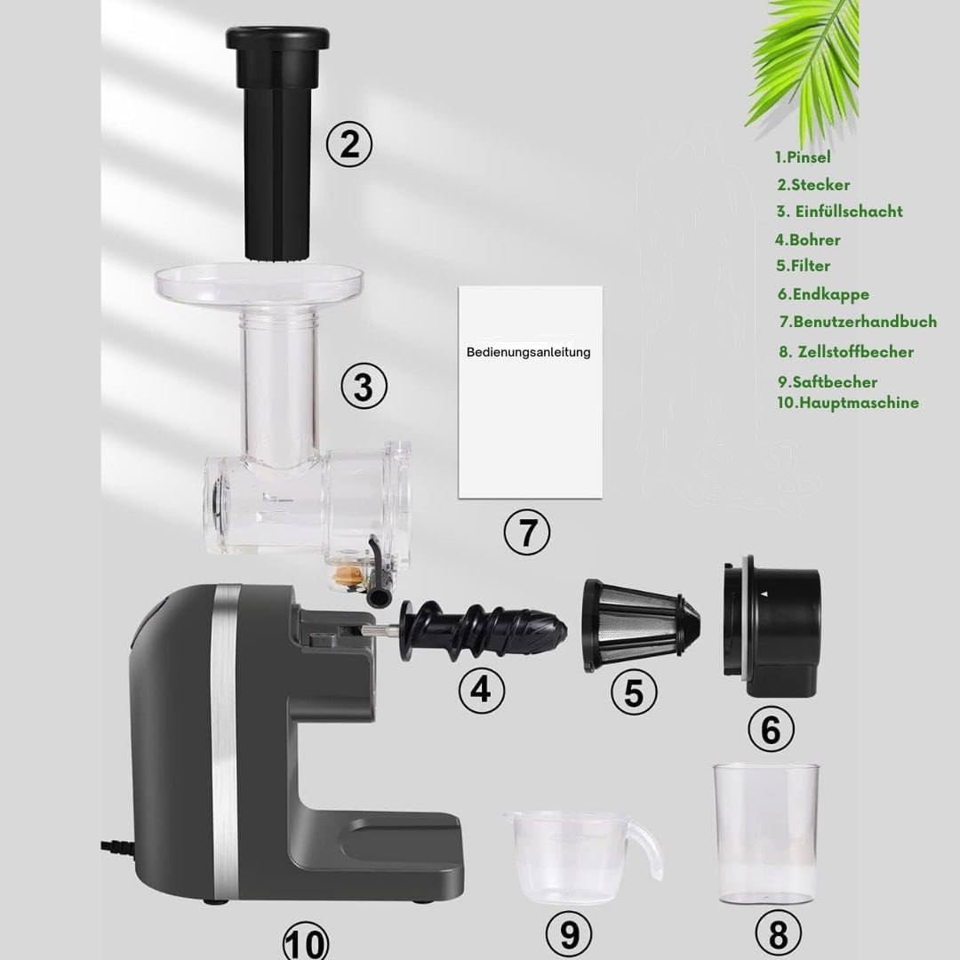 Slow Juicer mit 200W Motor, leise, Umkehrfunktion, schonende Saftpresse, langsame Rotation, einfache Reinigung, für Obst & Gemüse, hoher Nährstoffgehalt, BPA-frei, kompakt & effizient
