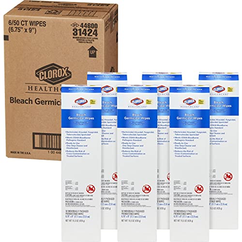 Clorox Healthcare Bleach Germicidal Wipes, 50 Count Individually Wrapped Wipes, Pack of 6