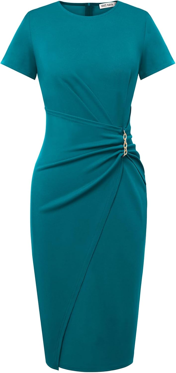 GRACE KARIN Work Dresses for Women 2026 Short Sleeve Sheath Business Midi Dress Ruched Bodycon Office Church Outfits