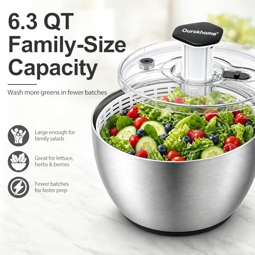 Ourokhome 6.3 QT Stainless Steel Salad Spinner, Large Lettuce Spinner with One-Hand Press Pump, Brake Button, Non-Slip Base and Retractable Handle, Vegetable Washer & Dryer for Greens, Fruits and Herb - Image 2