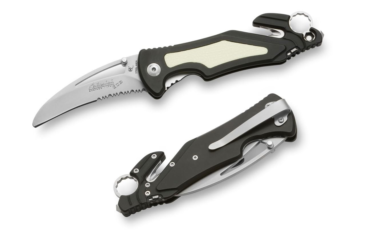 ANTONINI Coltello Professionale da Soccorso, con manico in alluminio anodizzato nero ed inserto antiscivolo e fotoluminescente, lama in Aisi 440A combo (art. SOS.ARA_BAT N/S)