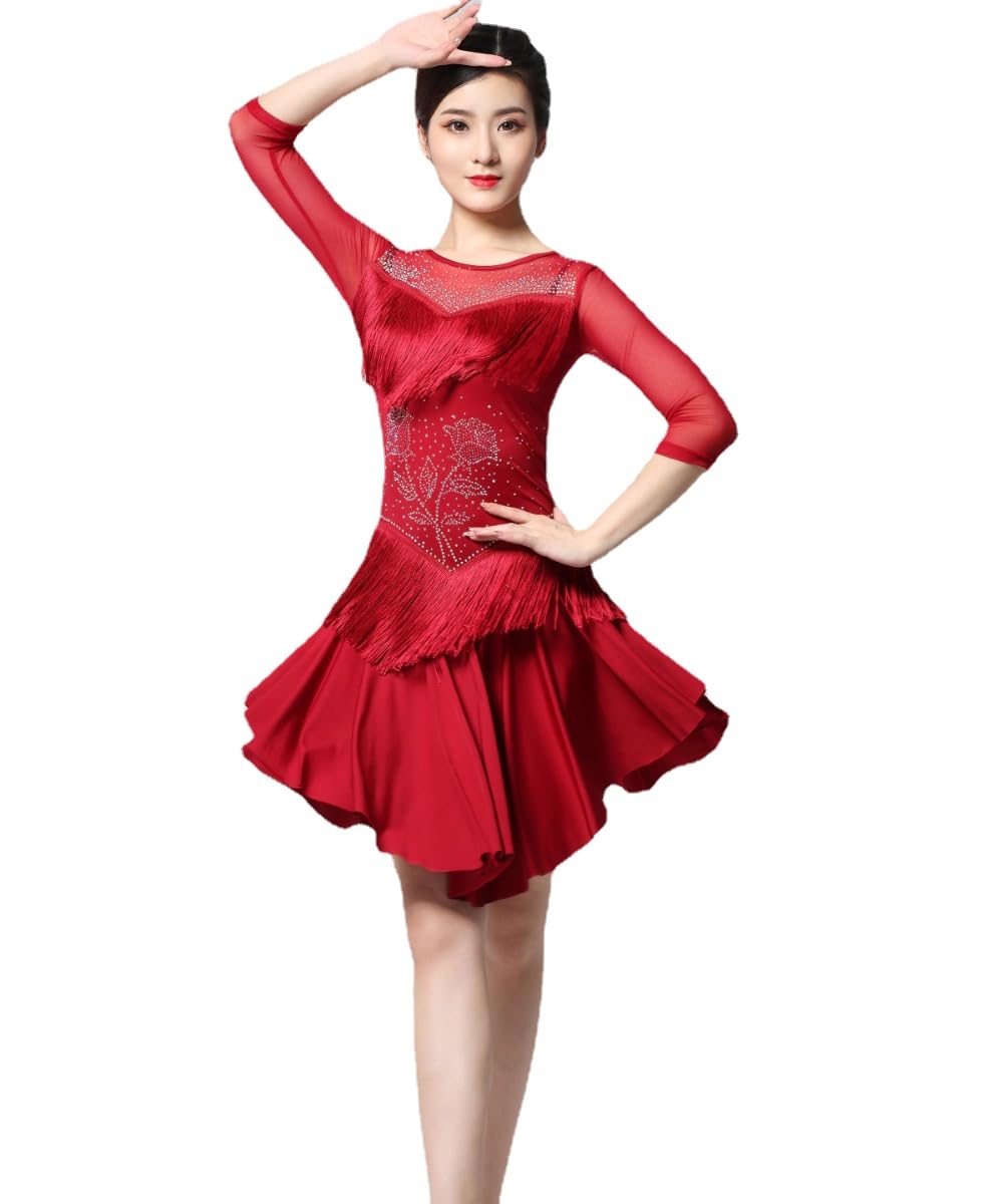 HEARTTOUCH Women Ballroom Dance Dress Salsa Latin Dance Dress with Shorts Modern Waltz Tango Swing Dress Competition Costume (Red,M,Medium)