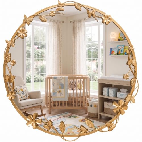 Image of Huwena 24 Inch Round Gold Mirror, Ornate Floral Butterfly Frame Wall Mirror