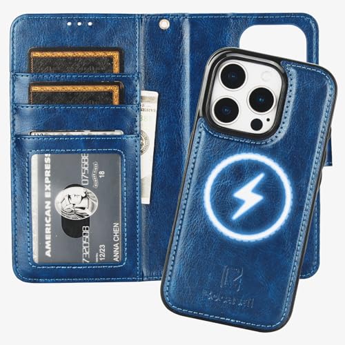 Bocasal for iPhone 16 Pro Wallet Case Compatible with MagSafe Wireless Charging, RFID Blocking Magnetic Leather Case with Card Slots Holder Kickstand Detachable Wrist Strap 6.3 Inch (Blue)