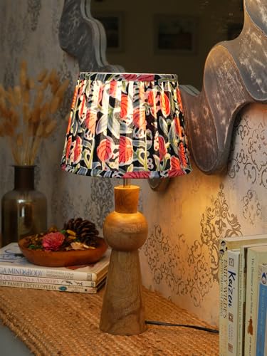 Image of Green Girgit Wooden Skirt Brown Table Lamp with Pleeted Multicolor Black Shade, Bedside Night Lamp with Printed Shade, Modern LED Lighting, E27 Bulb Compatible, Corded Electric, 6.5X9X18 inches